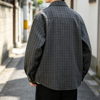 Japanese Retro Plaid Shell Buckle Long Sleeve Shirt – Loose Versatile Cotton Shirt for Men – Japanese vintage | yamalin clothes | Yamalinclothes