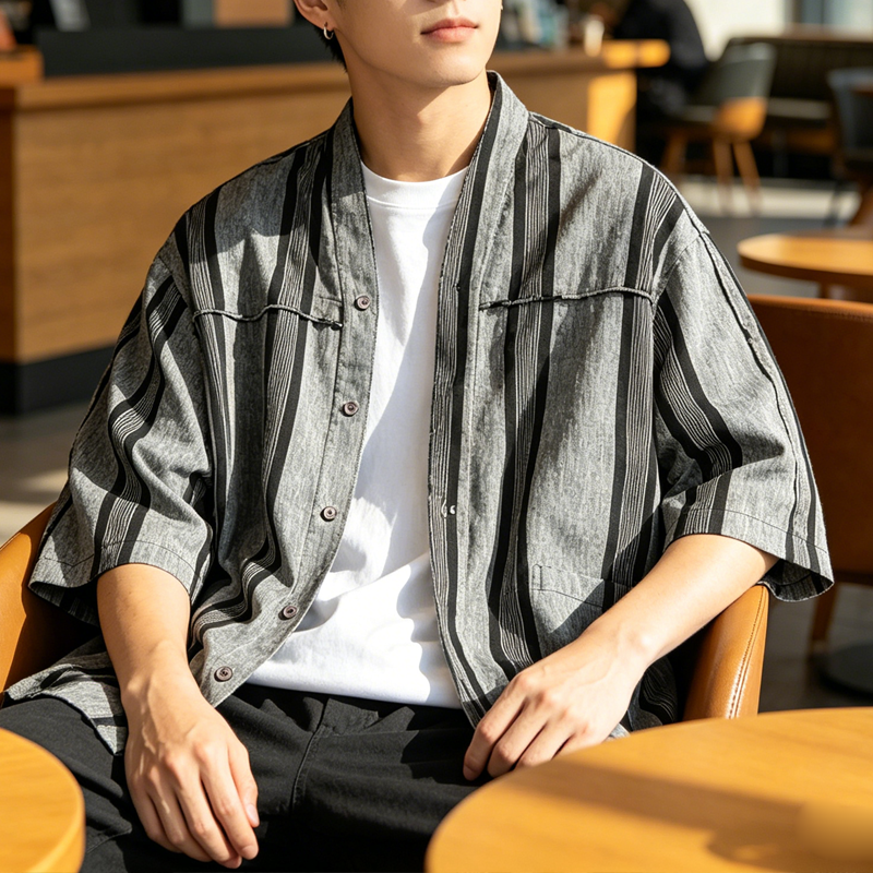 Japanese Retro Striped Shirt Jacket – Loose Fit Haori Style Outerwear for Men – Japanese vintage | yamalin clothes | Yamalinclothes