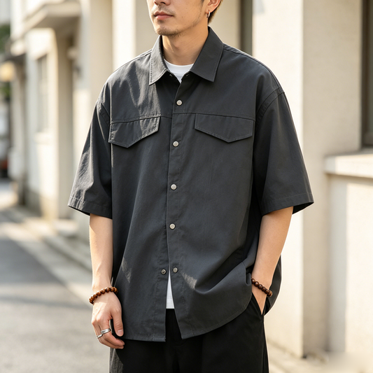 Retro Patchwork Workwear Shirt Men – Loose Fit Utility Short Sleeve Shirt