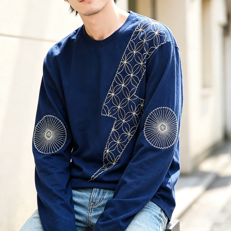 Japanese Vintage Indigo Long Sleeve T-Shirt – Washed Loose Casual Tee for Men – Japanese vintage | yamalin clothes | Yamalinclothes