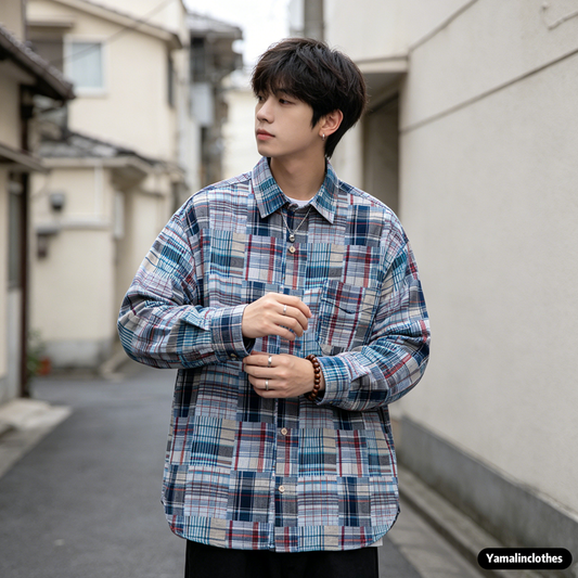Japanese Vintage Patchwork Plaid Shirt Men – Loose Cotton Long Sleeve Boro Style