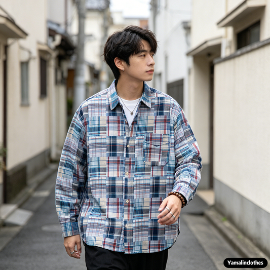 Japanese Vintage Patchwork Plaid Shirt Men – Loose Cotton Long Sleeve Boro Style