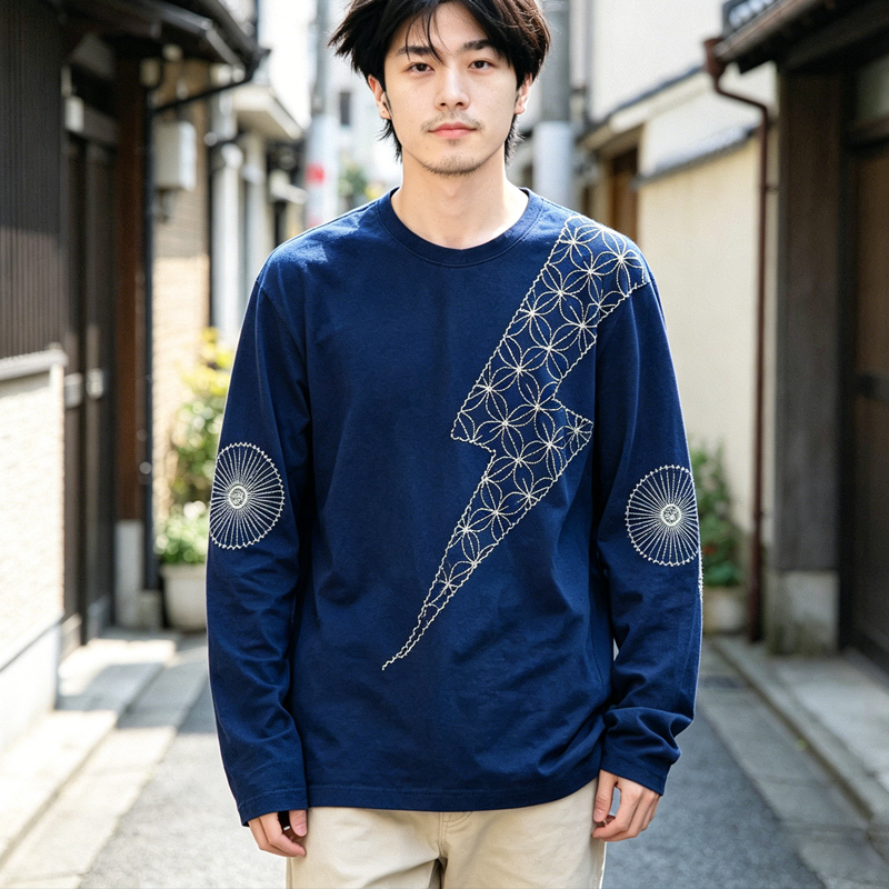 Japanese Vintage Indigo Long Sleeve T-Shirt – Washed Loose Casual Tee for Men – Japanese vintage | yamalin clothes | Yamalinclothes
