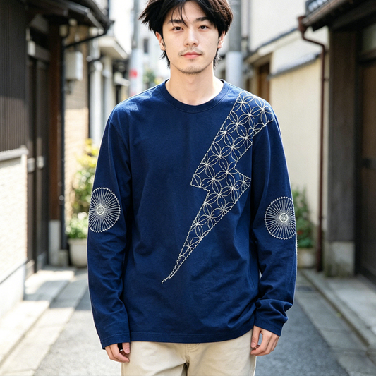 Japanese Vintage Indigo Long Sleeve T-Shirt Men – Washed Loose Casual Tee