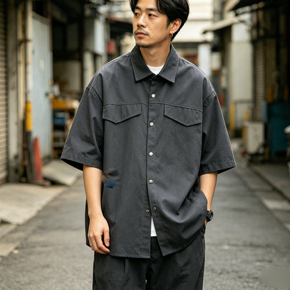 Retro Patchwork Workwear Shirt – Loose Fit Utility Short Sleeve Shirt for Men – Japanese vintage | yamalin clothes | Yamalinclothes