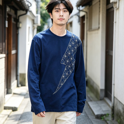 Japanese Vintage Indigo Long Sleeve T-Shirt – Washed Loose Casual Tee for Men – Japanese vintage | yamalin clothes | Yamalinclothes