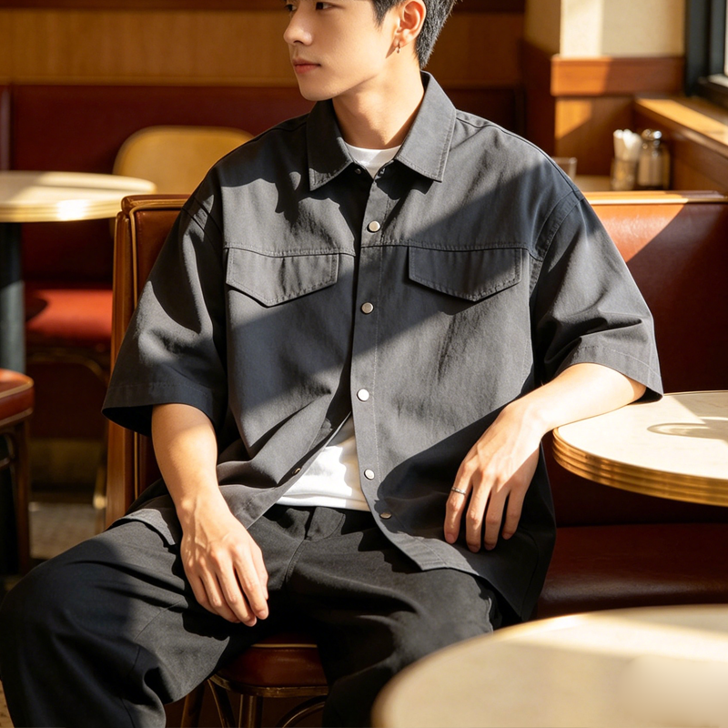 Retro Patchwork Workwear Shirt – Loose Fit Utility Short Sleeve Shirt for Men – Japanese vintage | yamalin clothes | Yamalinclothes
