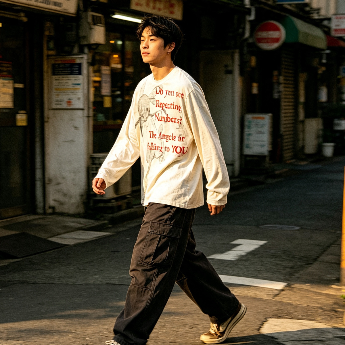 Japanese Black Red Washed Long Sleeve Tee – Punk Irregular Print Streetwear – T-shirt | japanese streetwear | vintage workwear | unisex | Yamalinclothes