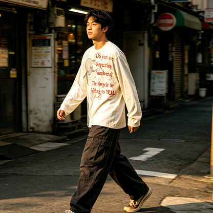 Japanese Black Red Washed Long Sleeve Tee – Punk Irregular Print Streetwear – T-shirt | japanese streetwear | vintage workwear | unisex | Yamalinclothes