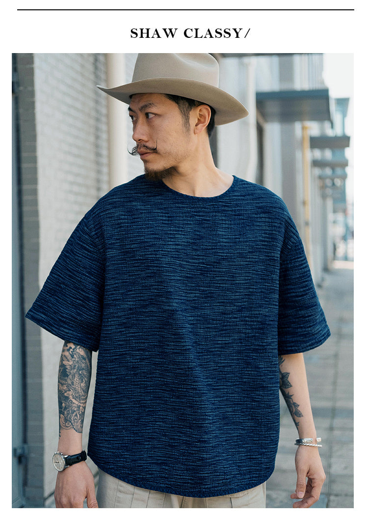 Original Japanese Retro Blue Dyed Sashiko & Kasuri Loose Fit Crew Neck Short Sleeve T-Shirt