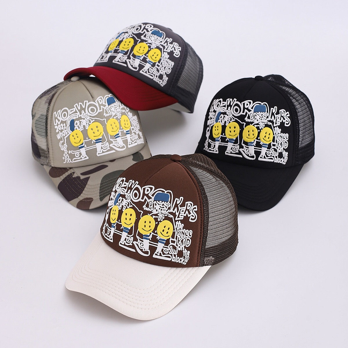 Japanese 25AW Kapital Hirata Kazuhiro Smiley Face Camo Foam Print Mesh Baseball Cap – Breathable Patchwork Design