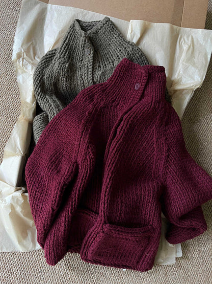 Mustard Green Cable-Knit Half-Turtleneck Sweater Coat - Thick Cardigan (Women)