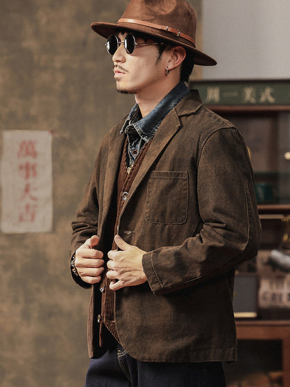 Vintage Mottled Distressed Cotton Blazer - American Casual Washed Suit (Men)