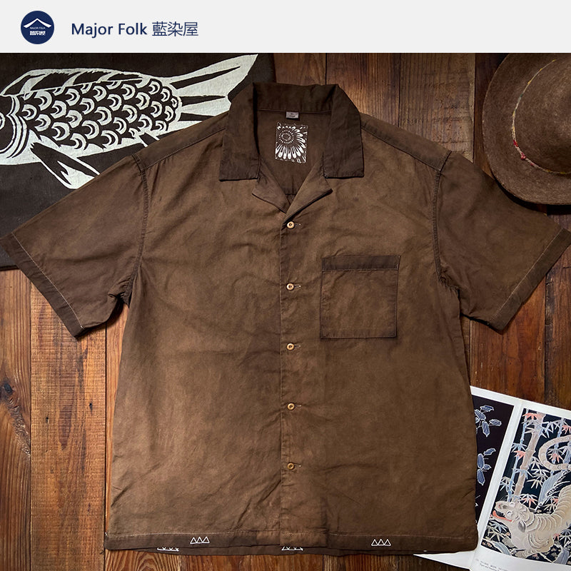 Yam Dye Vintage Style Cloth Label Triangle Sashiko Cuban Collar Short Sleeve Men's Shirt