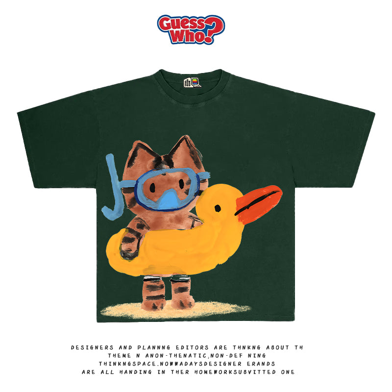 All Nature Hand-Painted Cat Illustration Tee – Fun Artist Graphic Short Sleeve