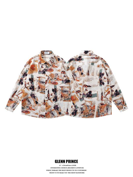 Design Sense Oil Painting Print Long Sleeve Floral Shirt for Men Spring and Autumn Trendy Brand Beach Casual Shirt Jacket