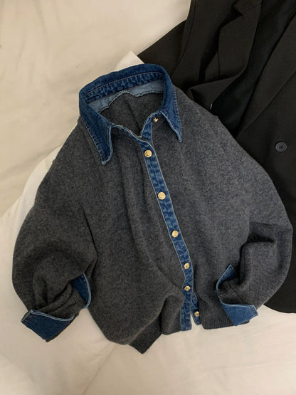 European Vintage Denim Patchwork Knit Cardigan - Polo Collar Sweater Jacket (Women)