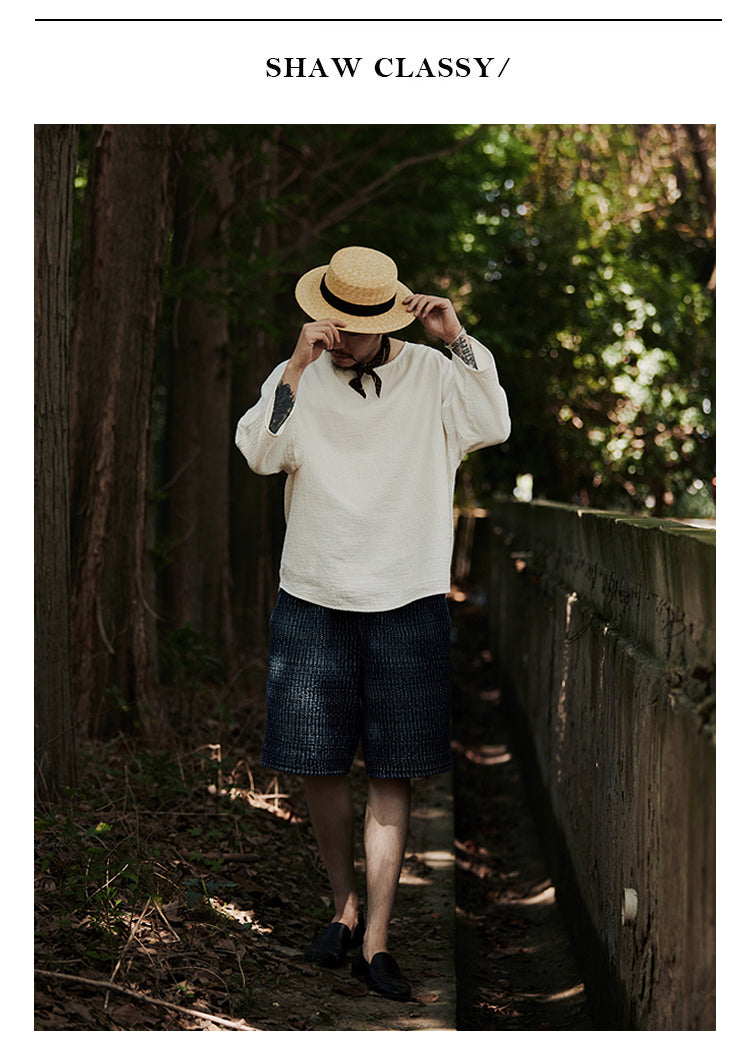 Original Japanese Retro White Sashiko Spring Summer Loose Couple Style Short Sleeve Embroidered Casual Three-Quarter Sleeve T-Shirt for Men