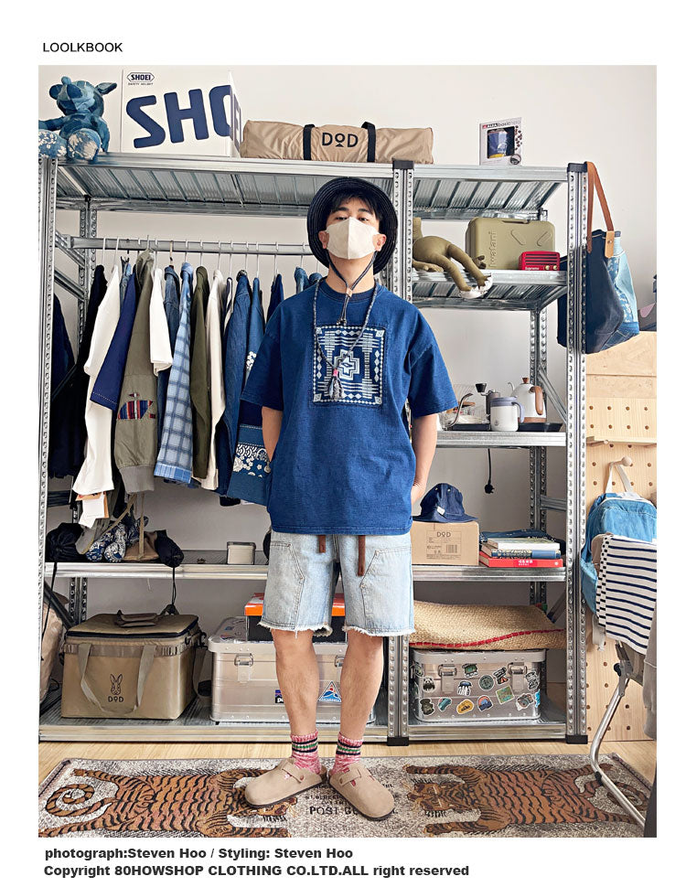 Japanese Retro Indigo Batik Craft Ethnic Style Patchwork Heavy Cotton Loose Fit Oversized T-Shirt for Men Summer Tee