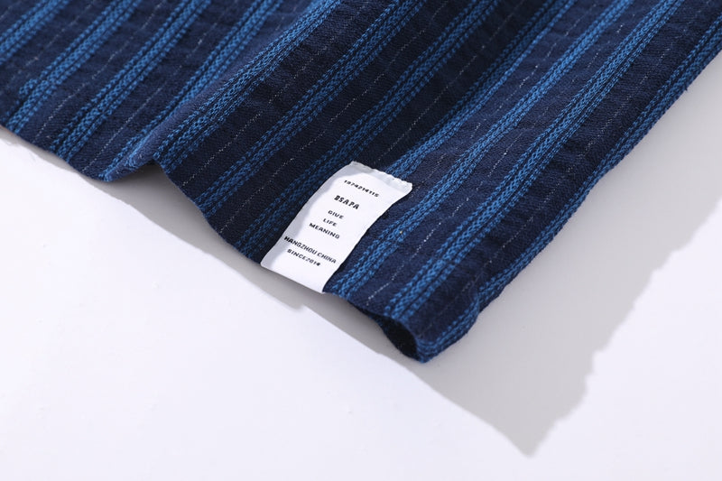 Pure Cotton Blue Striped Cuban-Collar Shirt – Japanese Retro, Loose Fit, Summer Essential