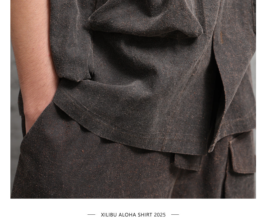 Wild Silk Cuban Collar Half Sleeve Shirt Men's Dye Yam Dyed Tussah Silk Aloha Retro Short Sleeve Shirt Summer