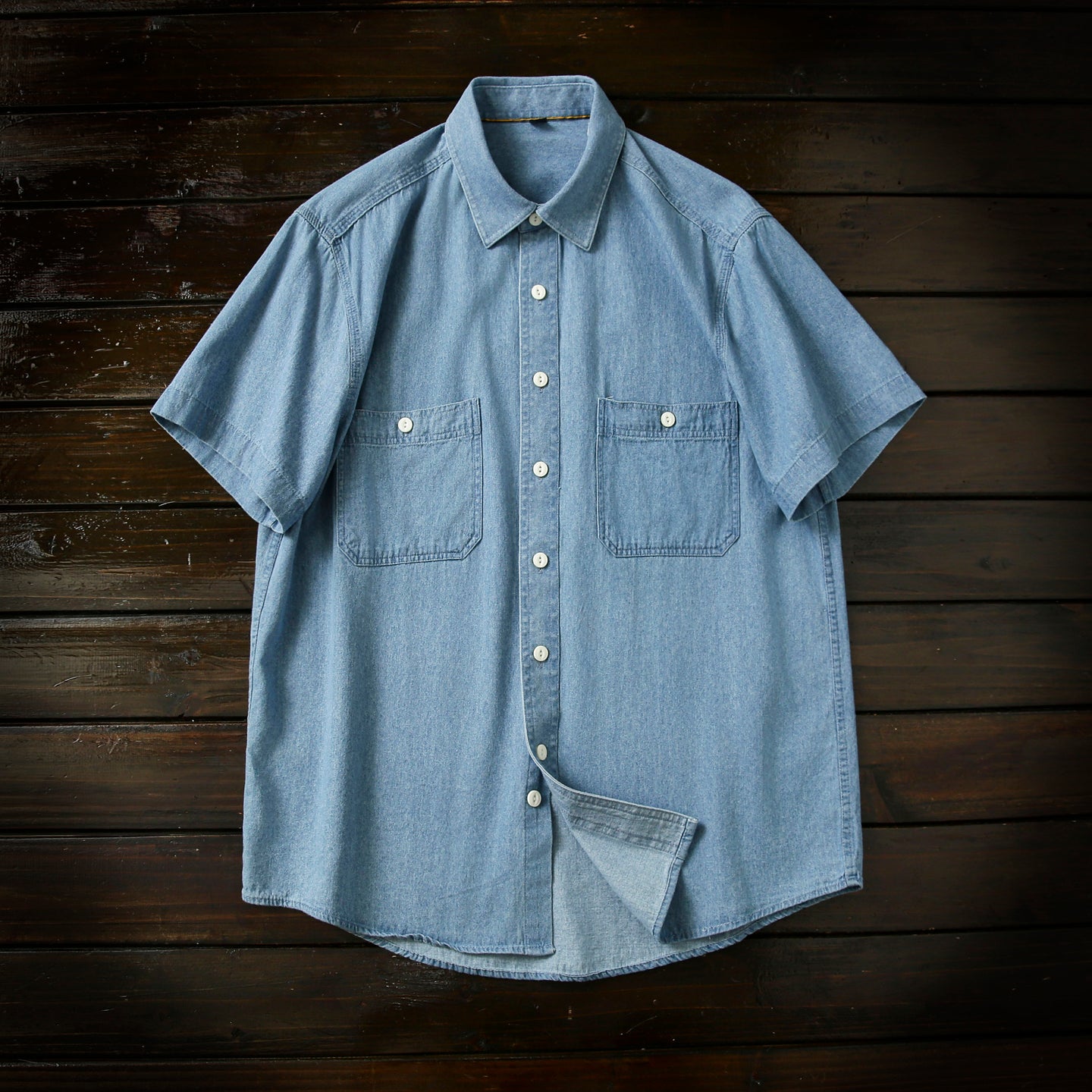 Vintage Washed Cotton! Men's Summer Turn-down Collar Multi-pocket Denim Short Sleeve Shirt Plus Size