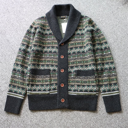 Heavyweight Color-Block Wool Cardigan Jacket – Retro Warm Knit (Unisex)