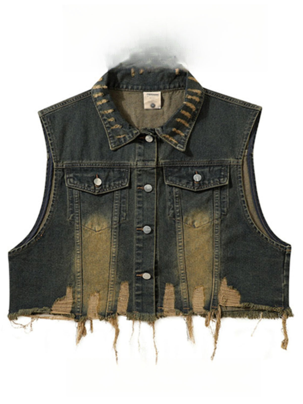 Vintage Distressed Turn-Down Collar Short Fringe Raw Edge Denim Vest Men's Functional Style Workwear Stylish Vintage Vest