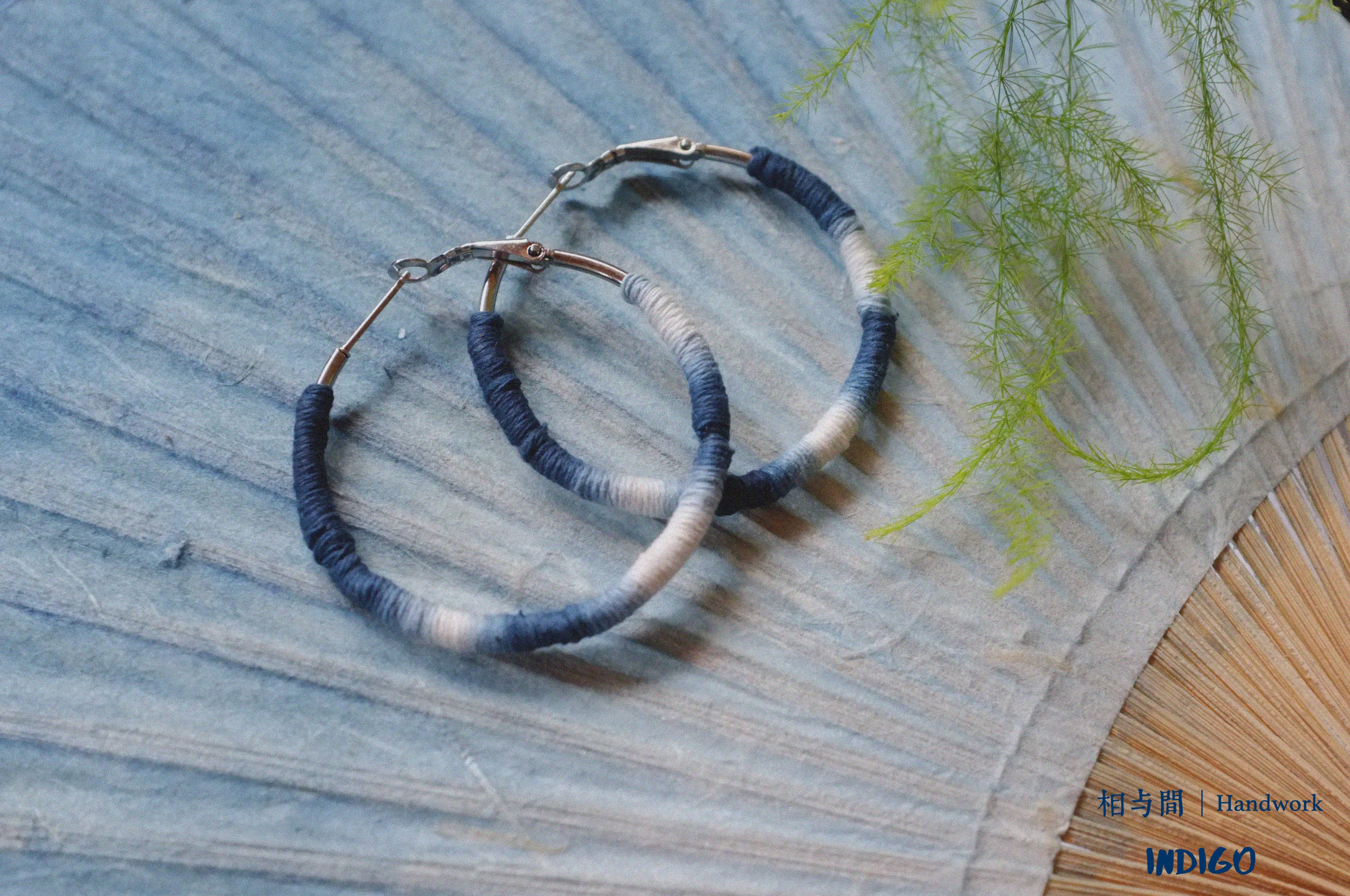 Original Earrings Handmade Blue Dye Plant-Dyed Cotton Thread Niche Geometric Circle High-End Earrings