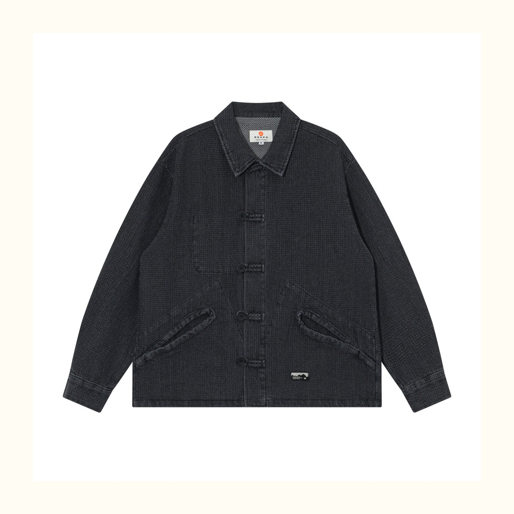 Ethnic-Style Buckle Denim Jacket – Vintage Washed Casual Outerwear with Chinese Folk Detail