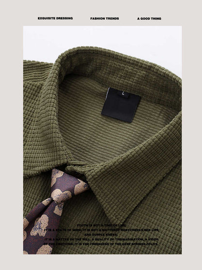 Vintage Neutral Waffle Knit Long Sleeve Shirt – Spring/Autumn Unisex Casual