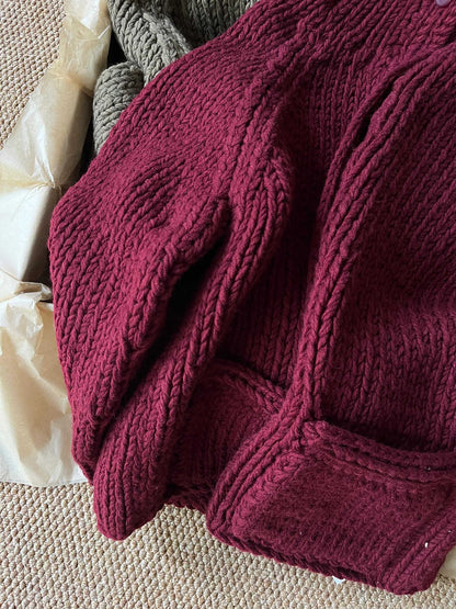 Mustard Green Cable-Knit Half-Turtleneck Sweater Coat - Thick Cardigan (Women)