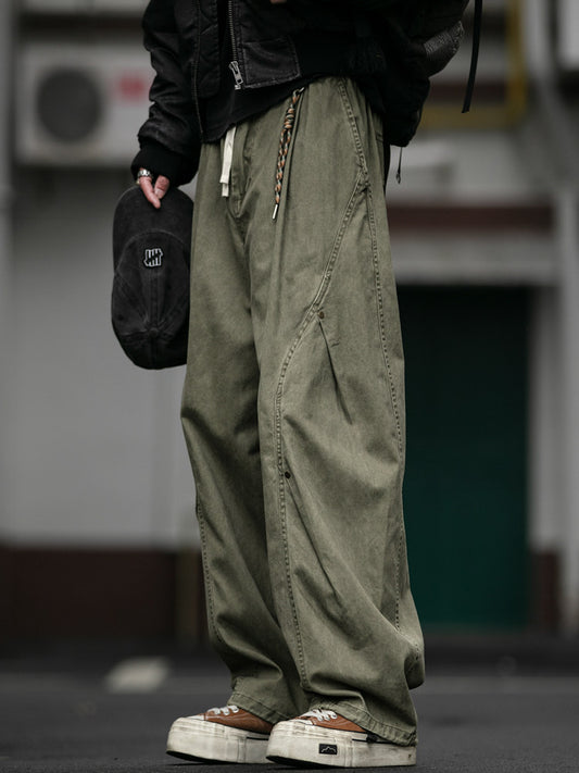American Retro Heavy Washed Cargo Pants - Double Pleat Wide Leg Trousers (Men)