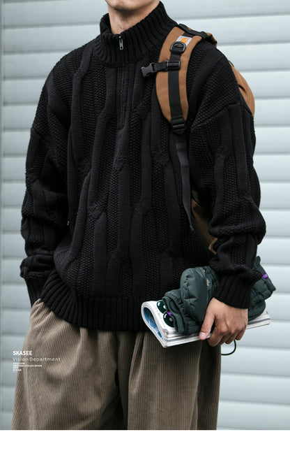 Men's Winter Heavyweight Cable Knit Sweater - American Retro Half-Zip Stand Collar