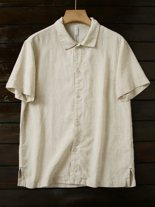 Cool Antibacterial Linen/Lyocell Men's Summer Turn-down Collar Loose Casual Short Sleeve Shirt Top