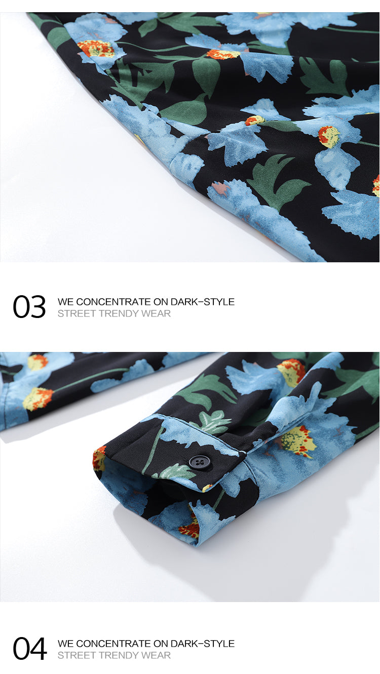 Resort Style Blue Floral Full Print Long Sleeve Shirt for Men 2025 Autumn New Hawaiian Floral Shirt