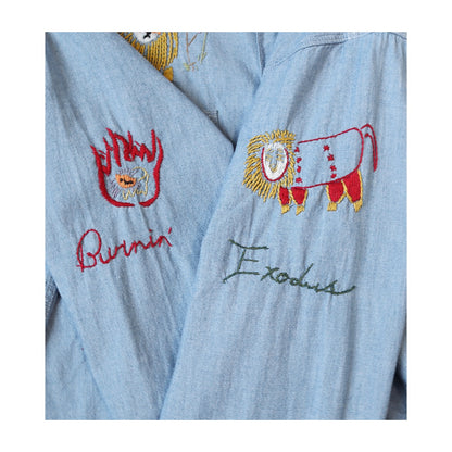 25AW Japanese Style Casual Lion Floral Embroidery Turn-down Collar Cotton Long Shirt