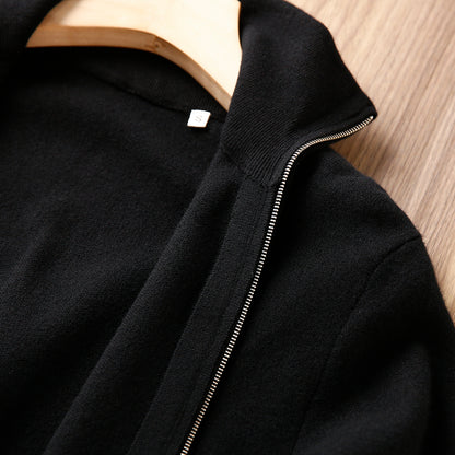 Italian Superfine Golden Wool Stand-Collar Knit – Heavyweight Cardigan Jacket for Autumn/Winter