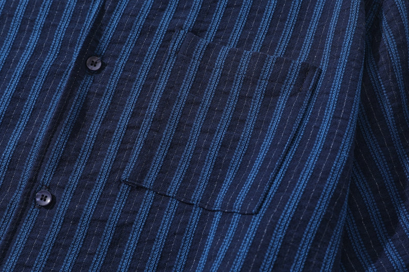 Pure Cotton Blue Striped Cuban-Collar Shirt – Japanese Retro, Loose Fit, Summer Essential