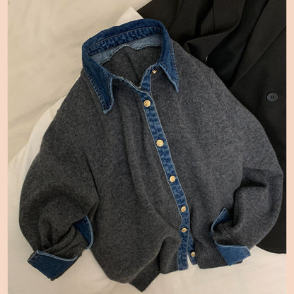 European Vintage Denim Patchwork Knit Cardigan - Polo Collar Sweater Jacket (Women)