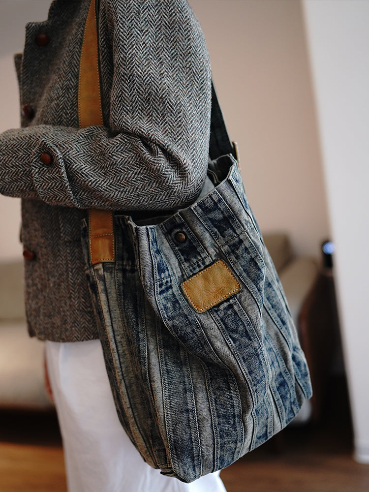 Vintage Washed Distressed Denim Patchwork Lightweight Large Capacity Tote Bag Versatile Casual Shoulder Crossbody Bag