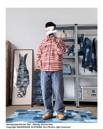 Japanese Retro Washed Beaded Canvas Work Pants – Loose Wide-Leg Unisex