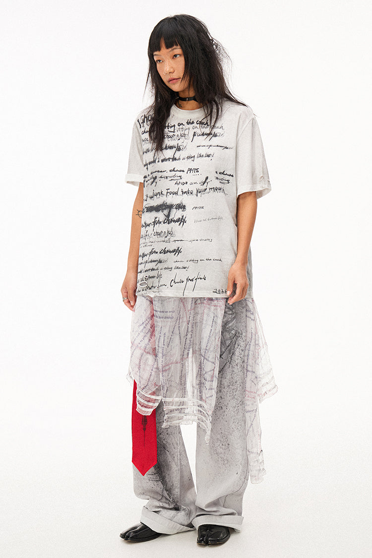 Handwritten Print Soft Skin-friendly Distressed Loose Short Sleeve T-shirt