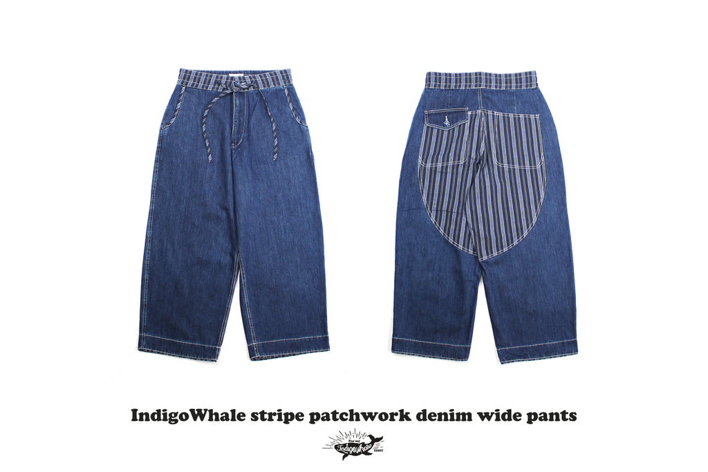 IndigoWhale Bamboo Denim Wide-Leg Patchwork Jeans – Heavy Wash, Drawstring Nine-Point Design