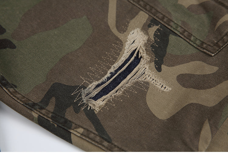 Men's American Street Retro Cargo Pants - Camouflage Heavy Washed Ripped Straight-Leg Pants