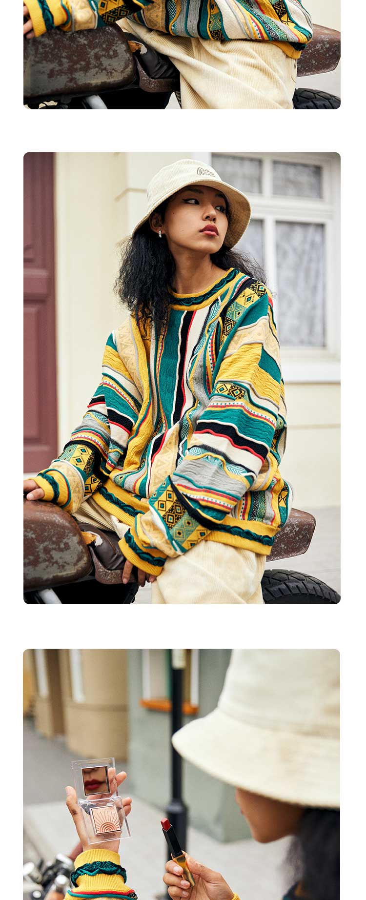 New Year Limited Edition Colorful Egg MEDRIA Retro Sweater Pop Style Bitter Melon Striped Ethnic Pullover Sweater Multi-Color Series