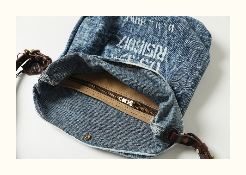 Pure Copper Hardware Imported Vegetable-Tanned Leather Hobo Bag with Denim Large Capacity Casual Bucket Bag Crossbody Bag