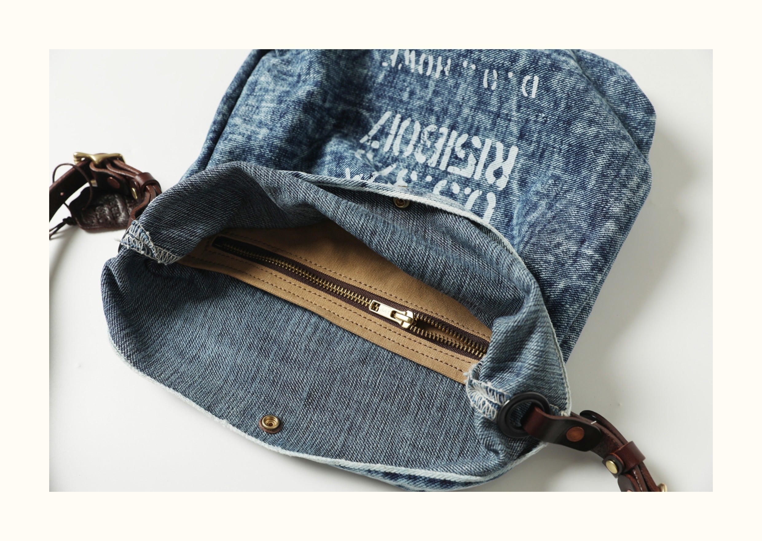 Pure Copper Hardware Imported Vegetable-Tanned Leather Hobo Bag with Denim Large Capacity Casual Bucket Bag Crossbody Bag