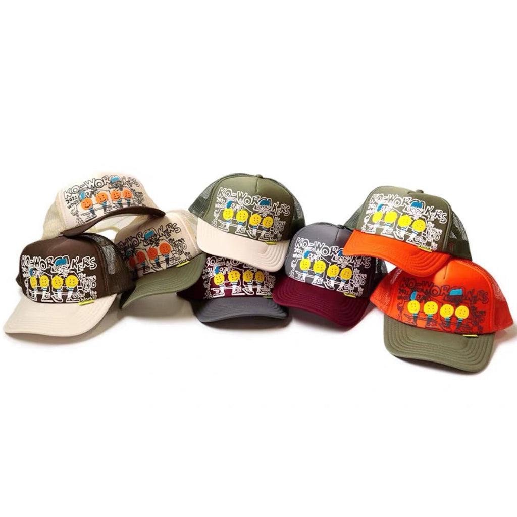 Japanese 25AW Kapital Hirata Kazuhiro Smiley Face Camo Foam Print Mesh Baseball Cap – Breathable Patchwork Design