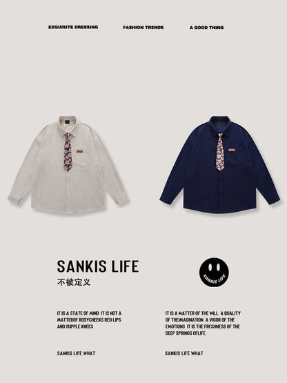 Vintage Neutral Waffle Knit Long Sleeve Shirt – Spring/Autumn Unisex Casual